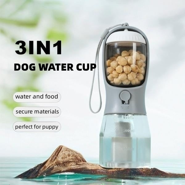 Dog water bottle with built-in food storage compartment