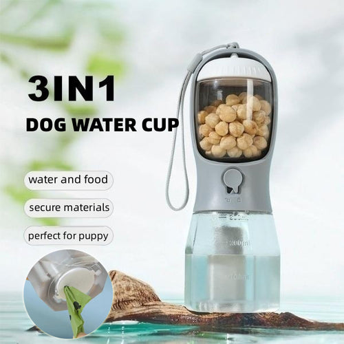 Portable 3-in-1 dog water bottle with food container and poop bag holder